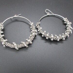 Rare Silver Toneed Rhinestone Rock Loop Earrings